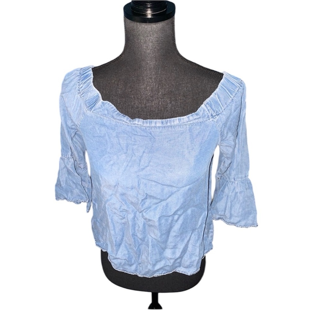 Iris Denim Off the Shoulder Top Cropped Bell Sleeve Chambray Blue